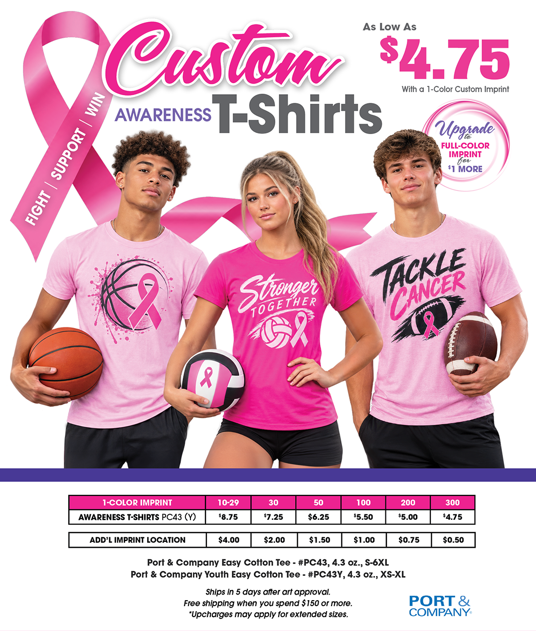Custom breast cancer awareness T-shirts with pink ribbon designs for sports teams, schools, fundraisers, and charitable events.