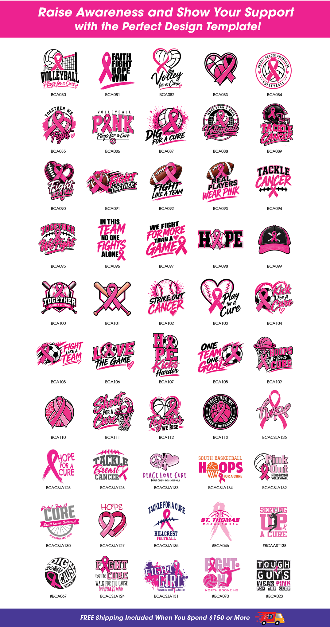 Design inspiration sheet featuring a collection of popular school, sports, and fundraising T-shirt designs, including football, volleyball, basketball, track and field, cross country, and awareness themes. Banner encourages customers to select a design an