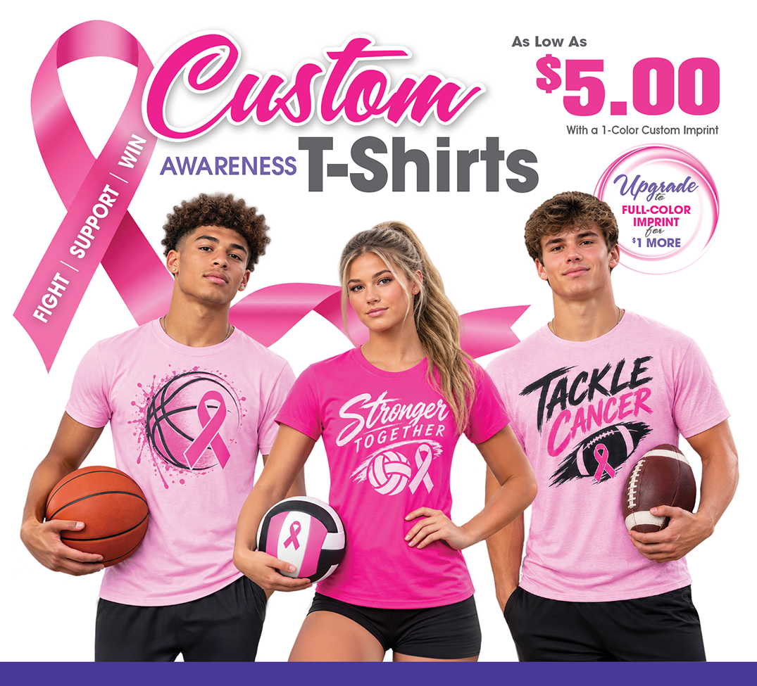 Custom breast cancer awareness T-shirts with pink ribbon designs for sports teams, schools, fundraisers, and charitable events.
