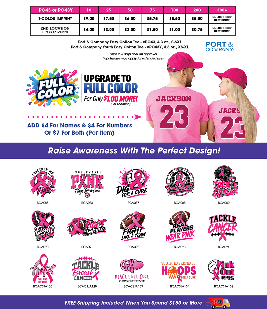 Design inspiration sheet featuring a collection of popular school, sports, and fundraising T-shirt designs, including football, volleyball, basketball, track and field, cross country, and awareness themes. Banner encourages customers to select a design an