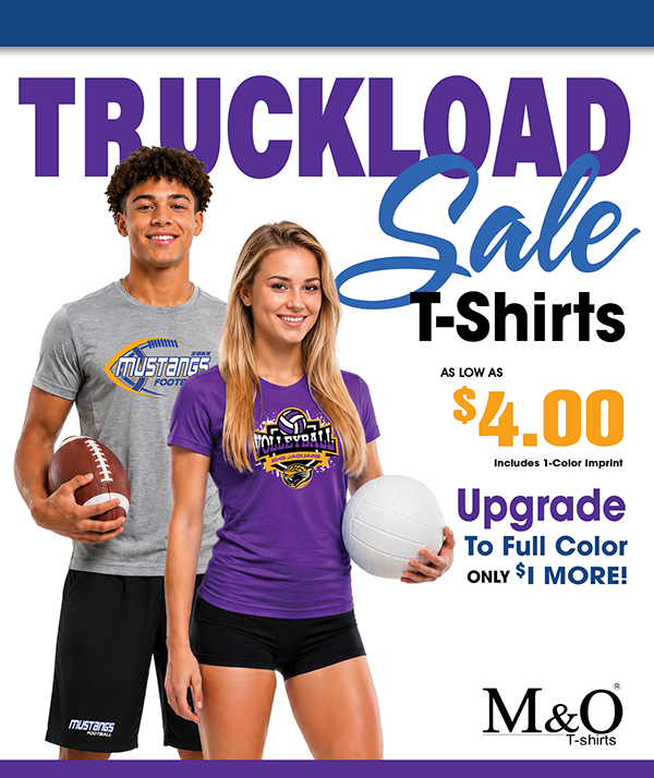 Truckload Sale custom T-shirts featuring sports apparel, prices starting at $4.00 each, full-color upgrade available, with free artwork assistance and fast turnaround.