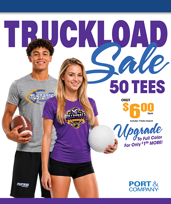 Truckload Sale custom T-shirts featuring sports apparel, prices starting at $4.00 each, full-color upgrade available, with free artwork assistance and fast turnaround.