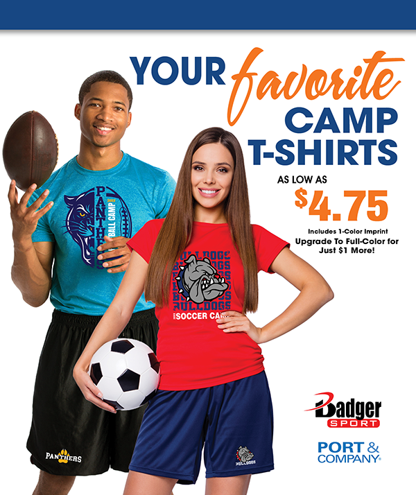 Everyone's favorite camp tees with a 1-color design as low as $4.75 each! Add $1 to upgrade to full color!