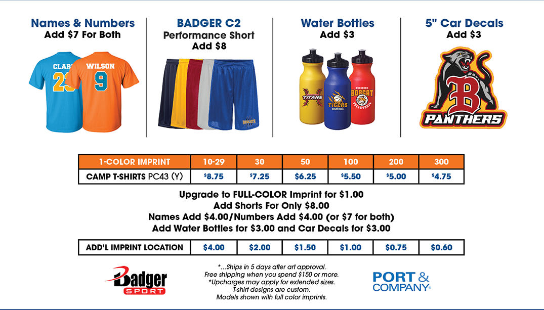 Custom camp apparel pricing graphic featuring Port & Company PC43 youth t-shirts with volume pricing, add‑ons for names and numbers, Badger C2 performance shorts, water bottles, and 5-inch car decals with upgrade options.