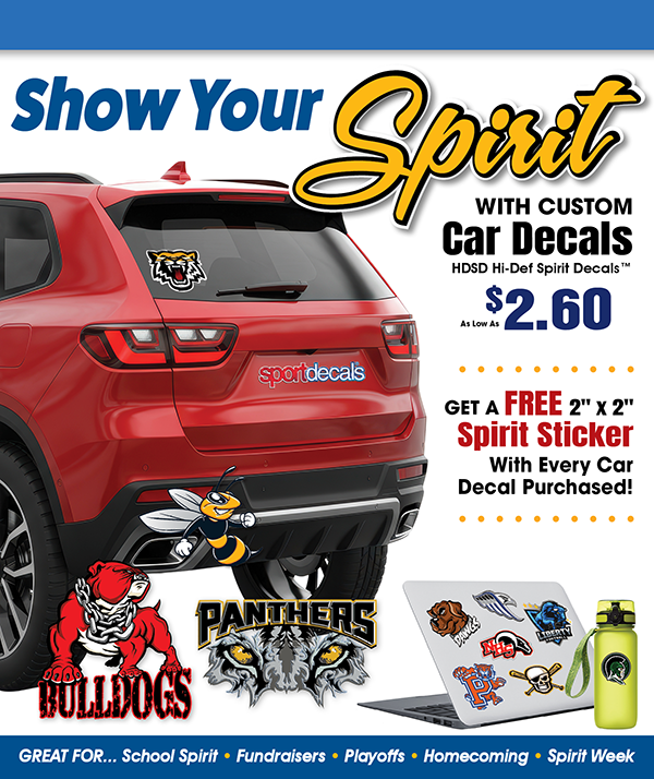 Red SUV displaying custom school spirit car decals on the rear window and bumper; includes tiger mascot decal on the window and other colorful mascot designs on the bumper; promotional text offering custom Hi-Def Spirit Decals starting at $2.60 with a fre