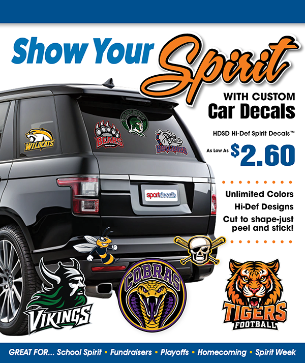Red SUV displaying custom school spirit car decals on the rear window and bumper; includes tiger mascot decal on the window and other colorful mascot designs on the bumper; promotional text offering custom Hi-Def Spirit Decals starting at $2.60 with a fre