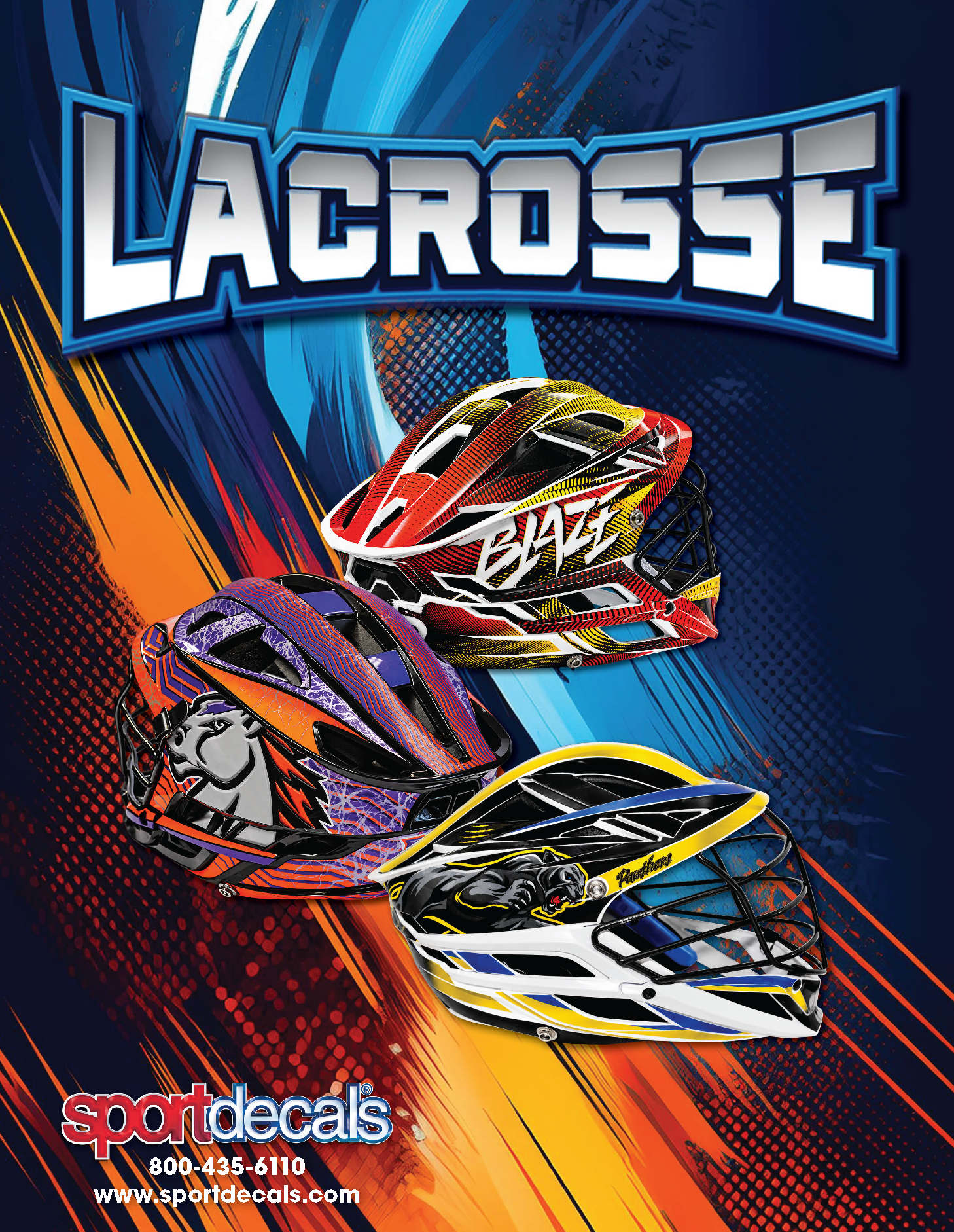 Custom lacrosse helmets with bold team graphics by Sportdecals. Designs include jaguar, hawk, and snake patterns on a vibrant blue and orange background. Sportdecals logo and contact info featured.
