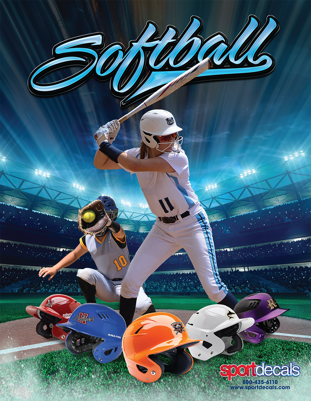 Softball players in action at a stadium with custom team batting helmets by Sportdecals. Multiple helmet colors and designs displayed, including red, blue, orange, white, and purple. Sportdecals logo and contact information featured.