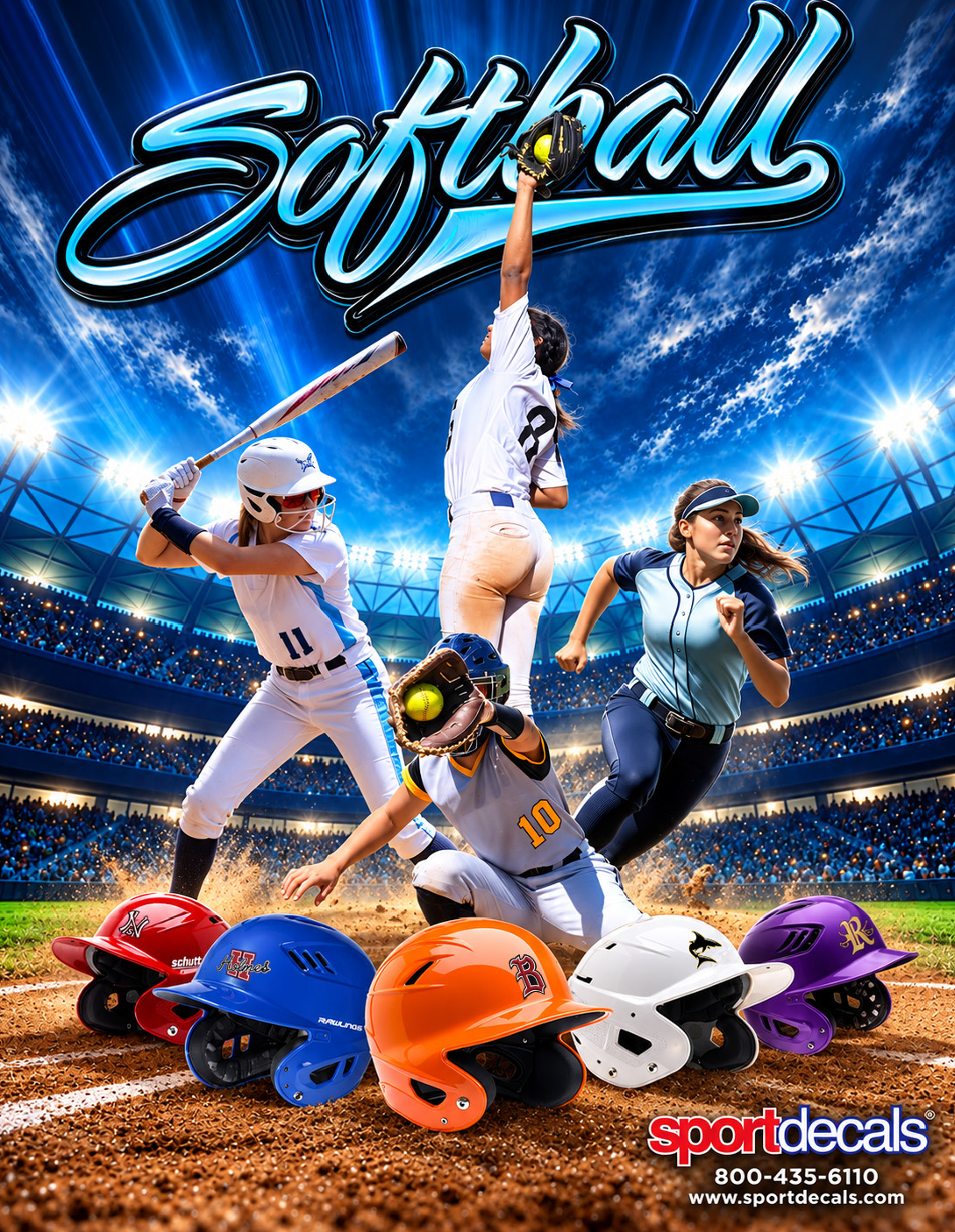 Softball players in action at a stadium with custom team batting helmets by Sportdecals. Multiple helmet colors and designs displayed, including red, blue, orange, white, and purple. Sportdecals logo and contact information featured.