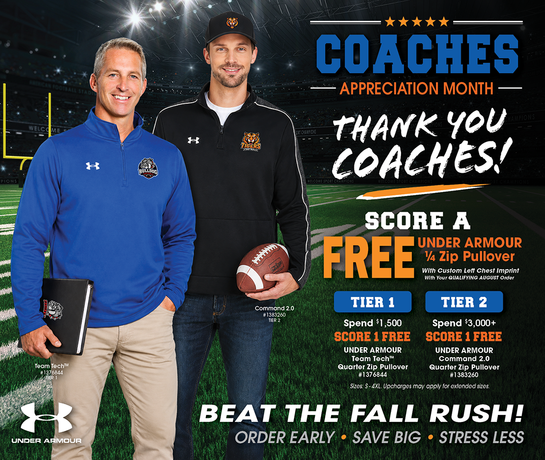 Coach appreciation month promotion offering free custom Pennant 2517 Anorak Attack Pullover with Sportdecals using promo code B6-214-06 on qualifying orders