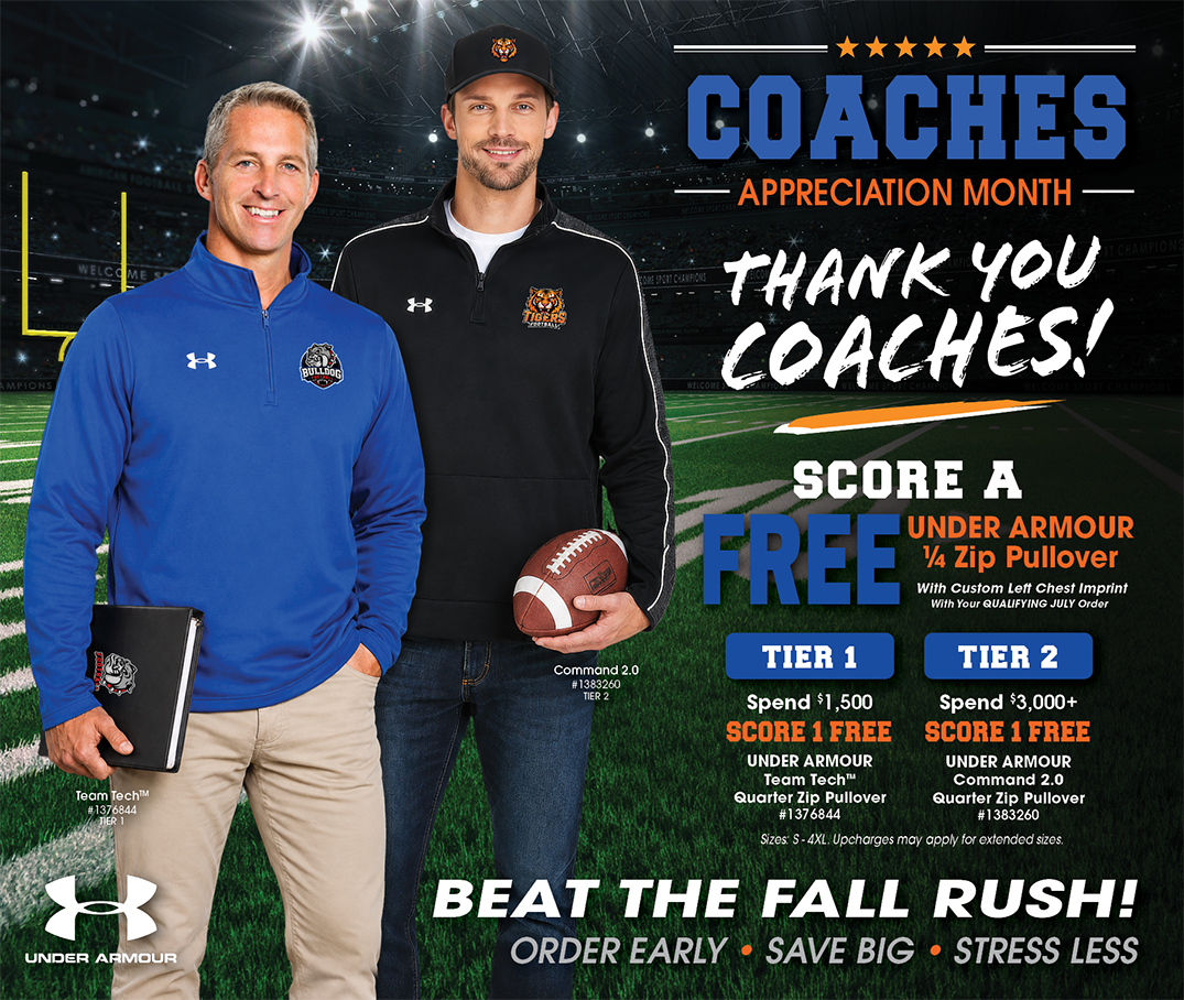 Coach appreciation month promotion offering free custom Pennant 2517 Anorak Attack Pullover with Sportdecals using promo code B6-214-06 on qualifying orders