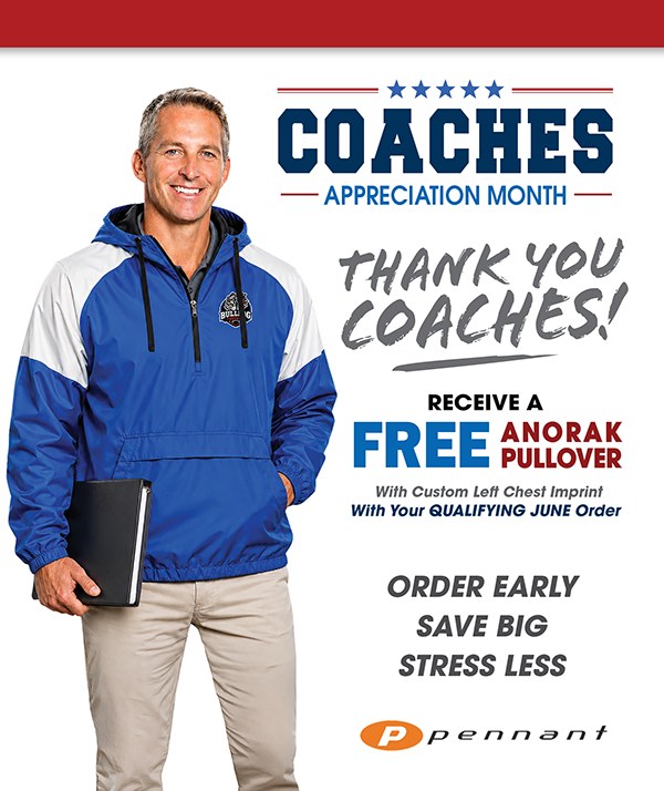 Coach appreciation month promotion offering free custom Pennant 2517 Anorak Attack Pullover with Sportdecals using promo code B6-214-06 on qualifying orders