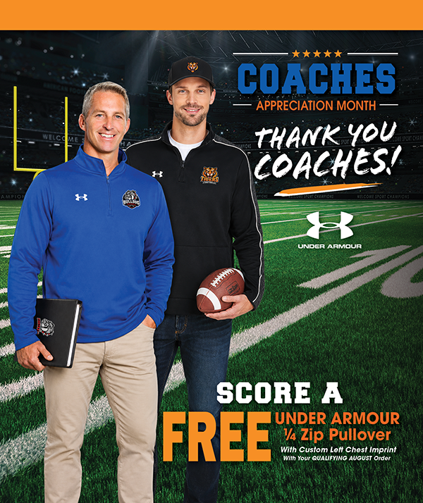 Coach appreciation month promotion offering free custom Under Armour Pullovers with Sportdecals using promo code B6-214-07 on qualifying orders.