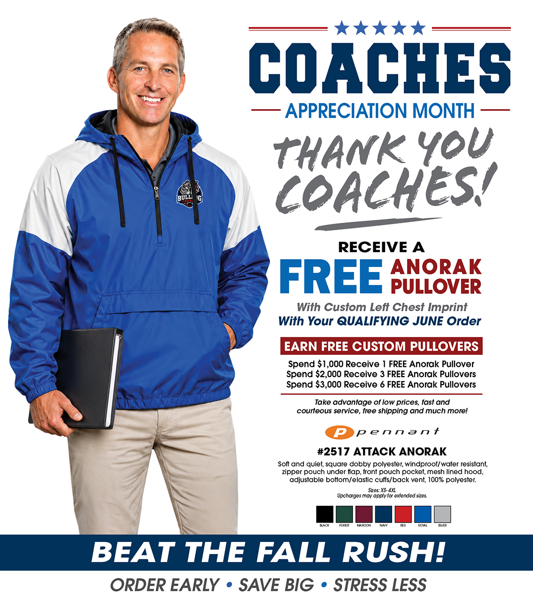 Coach appreciation month promotion offering free custom Pennant 2517 Anorak Attack Pullover with Sportdecals using promo code B6-214-06 on qualifying orders