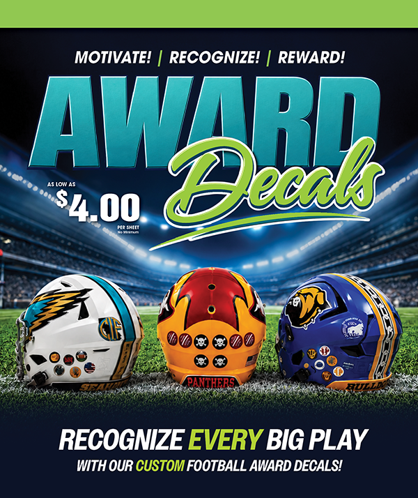 Football award decals for helmet stickers, custom player recognition decals for youth, high school, and team sports programs.