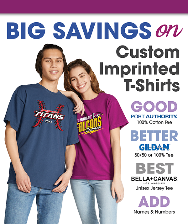 custom imprinted T-shirts with sports team logos, promoting big savings on personalized apparel.