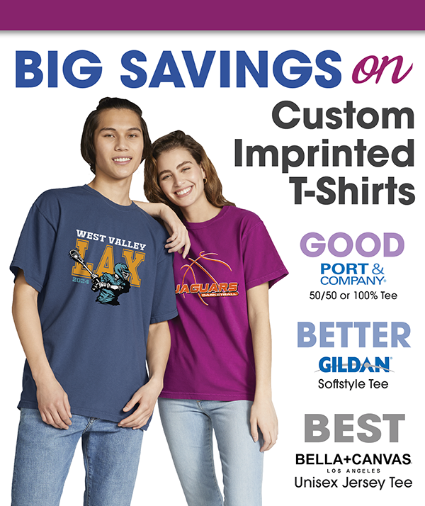 custom imprinted T-shirts with sports team logos, promoting big savings on personalized apparel.