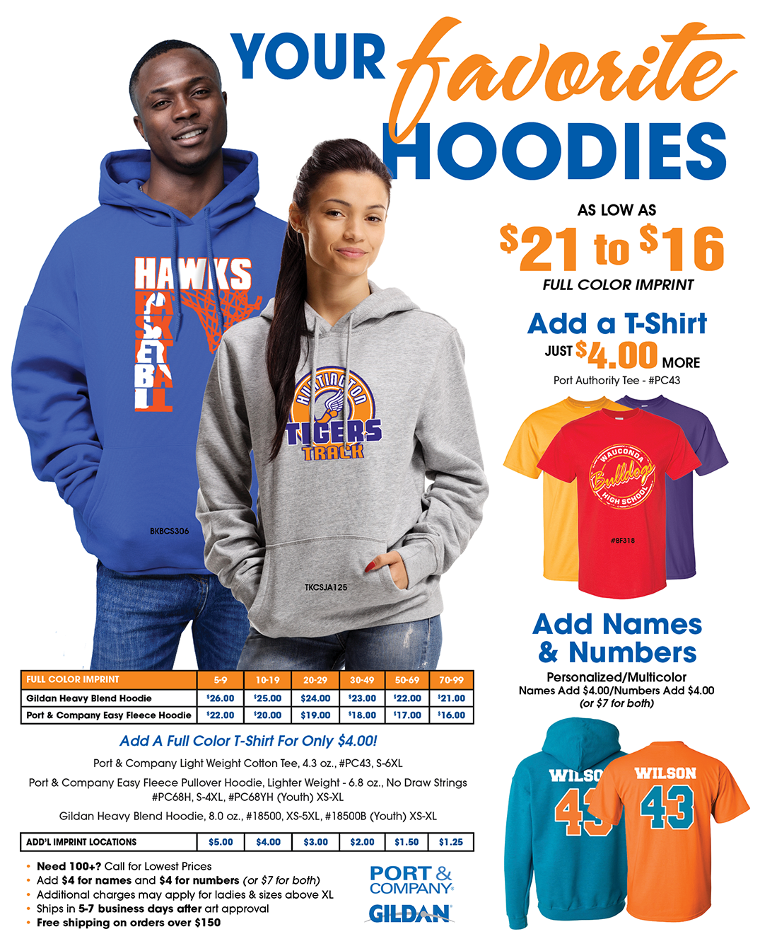 Promotional image featuring a custom hoodie and tee offer; includes bold text highlighting school spirit apparel with vibrant designs; garments displayed in neutral tones with customizable logo areas; ideal for team, school, or event branding.