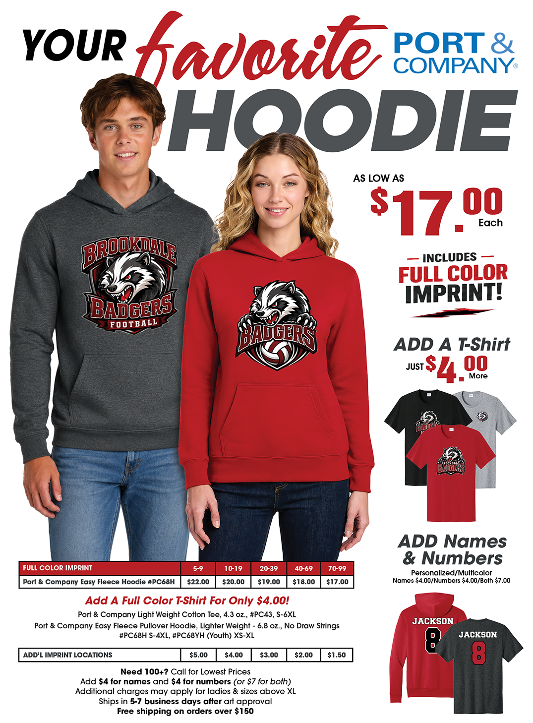 Promotional image featuring a custom hoodie and tee offer; includes bold text highlighting school spirit apparel with vibrant designs; garments displayed in neutral tones with customizable logo areas; ideal for team, school, or event branding.