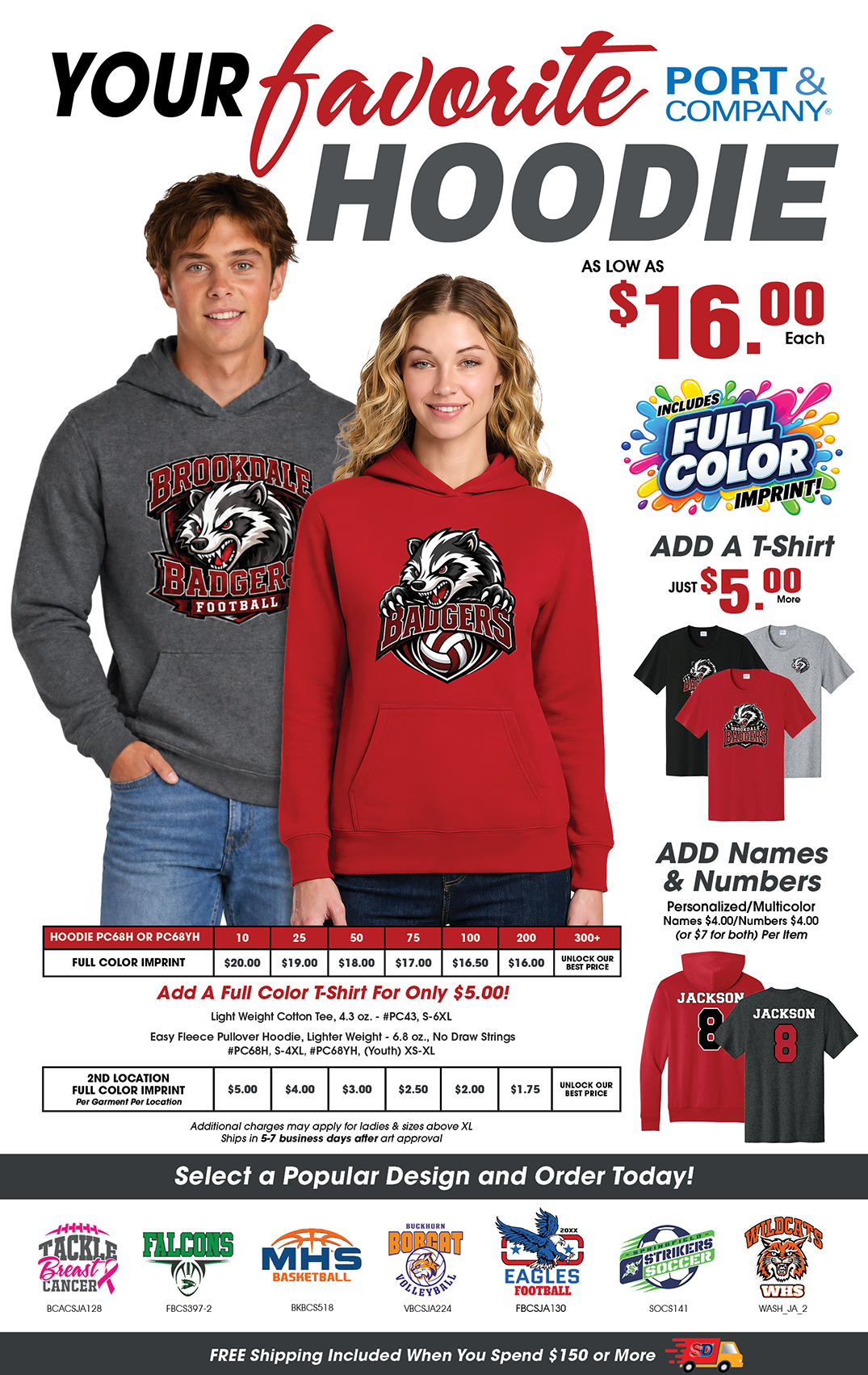 Promotional image featuring a custom hoodie and tee offer; includes bold text highlighting school spirit apparel with vibrant designs; garments displayed in neutral tones with customizable logo areas; ideal for team, school, or event branding.