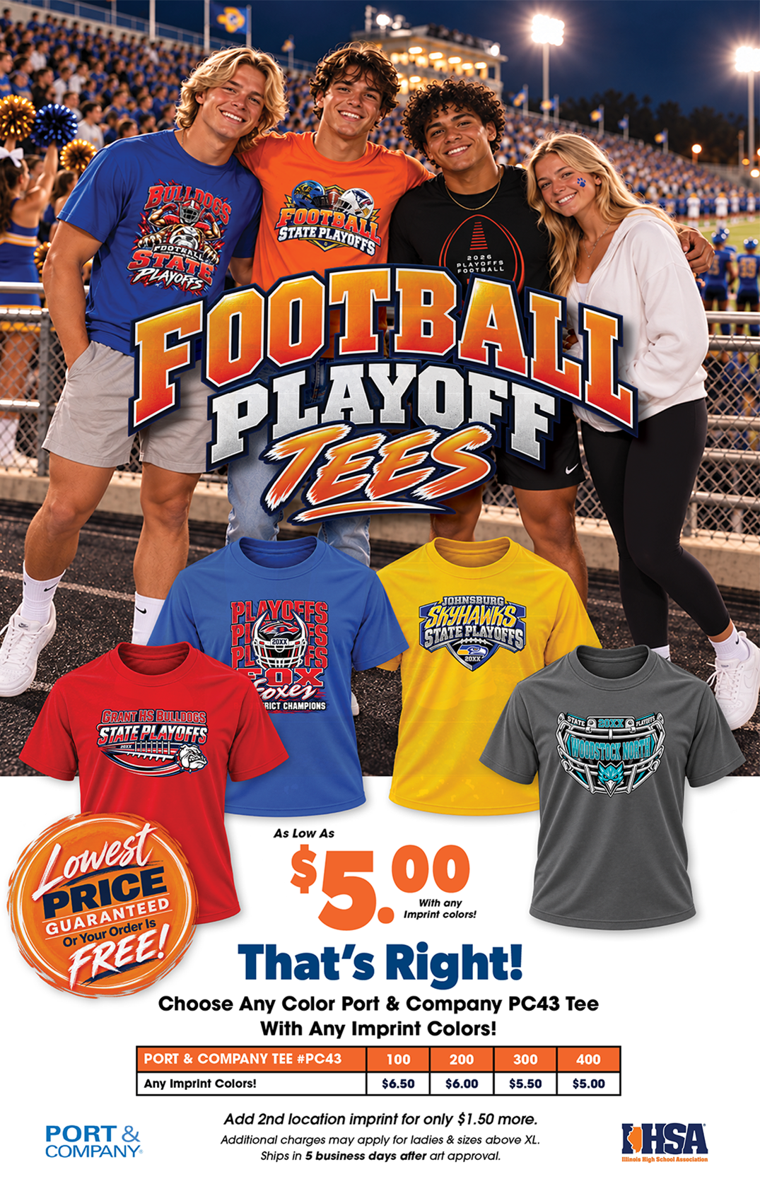 Custom football playoff t-shirts featuring personalized team and state playoff designs on Port & Company PC43 tees, displayed with fans at a high school football stadium under the lights.