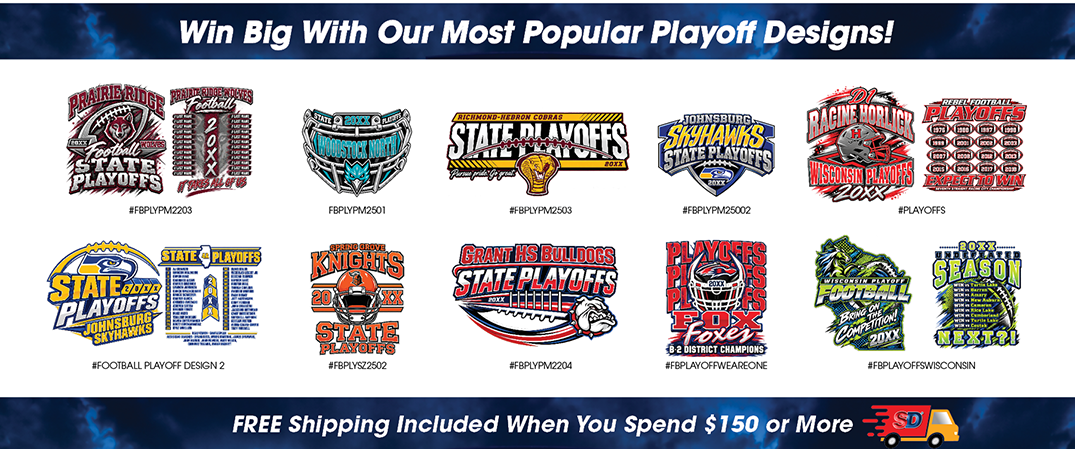 Custom football playoff t-shirts featuring personalized team and state playoff designs on Port & Company PC43 tees, displayed with fans at a high school football stadium under the lights.