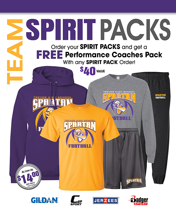 Team Spirit Packs, choose from 2-piece, 3-piece, 4-piece, or 5-piece packs! Get a Free Coaches Performance Pack with Purchase! ($40 Value!)