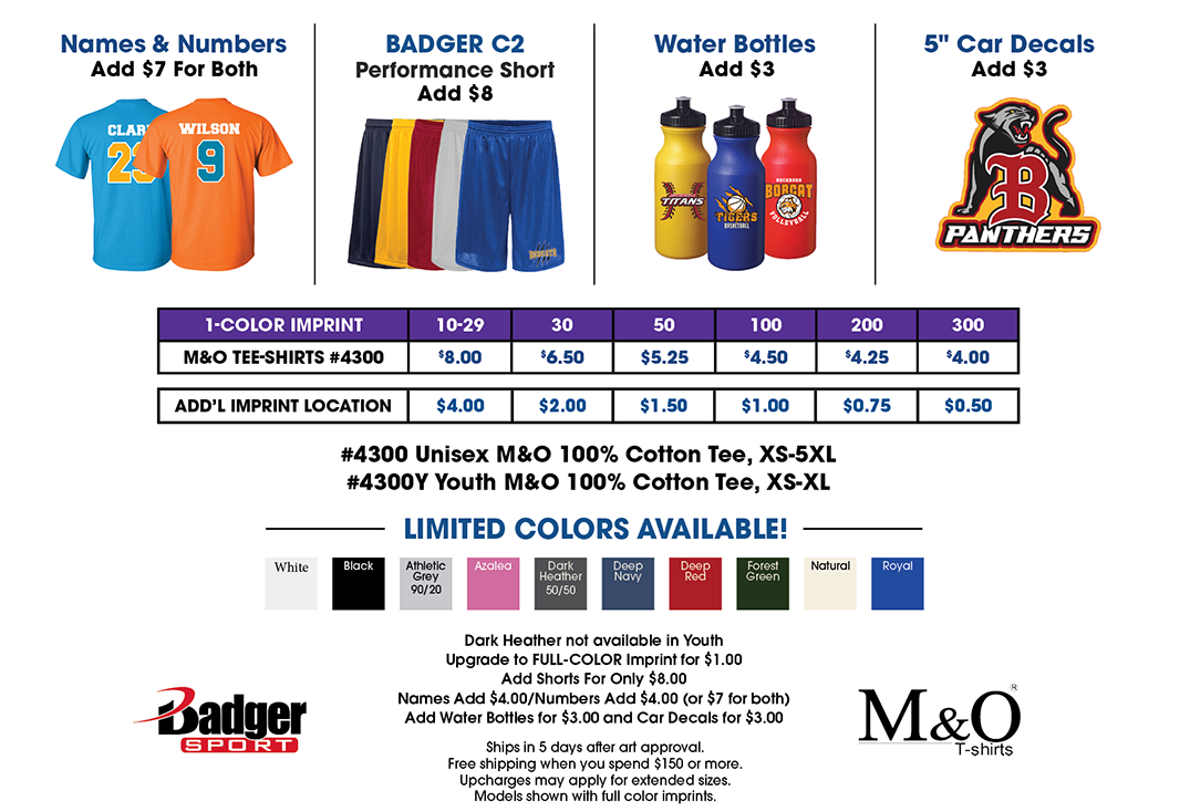 Custom team apparel pricing chart showing T-shirts starting at $4.00 each with quantity discounts, plus optional add-ons including names and numbers, performance shorts, water bottles, and 5-inch car decals. Available shirt colors, imprint pricing, and cu