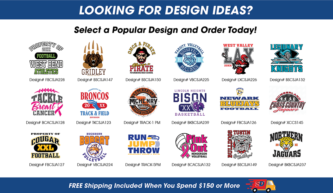 Design inspiration sheet featuring a collection of popular school, sports, and fundraising T-shirt designs, including football, volleyball, basketball, track and field, cross country, and awareness themes. Banner encourages customers to select a design an