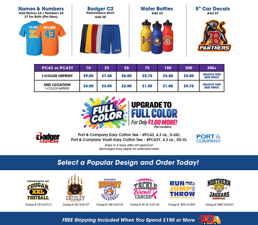 Custom team apparel pricing chart showing T-shirts starting at $4.00 each with quantity discounts, plus optional add-ons including names and numbers, performance shorts, water bottles, and 5-inch car decals. Available shirt colors, imprint pricing, and cu