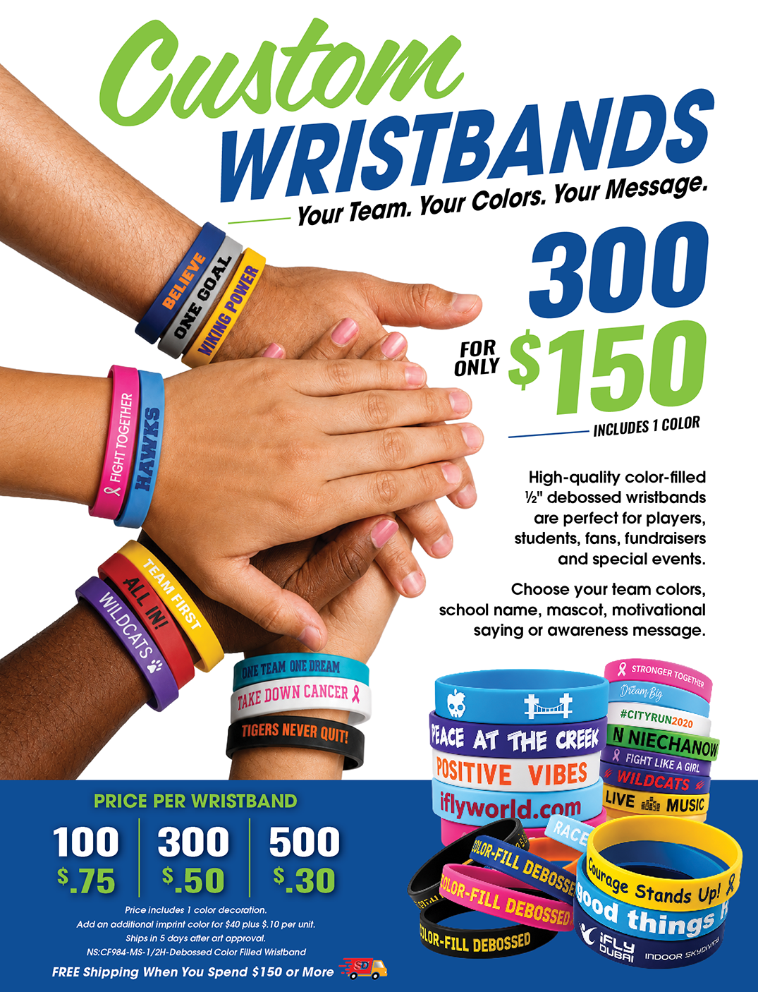 Custom color-filled debossed silicone wristbands with personalized messages for schools, sports teams, fundraising events, awareness campaigns, and promotional giveaways.
