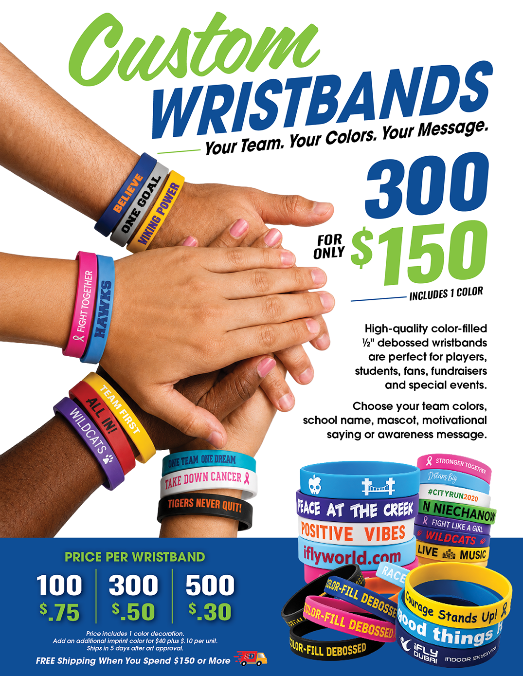 Custom color-filled debossed silicone wristbands with personalized messages for schools, sports teams, fundraising events, awareness campaigns, and promotional giveaways.